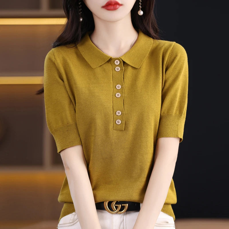 Women's T-shirt Summer 100% Cotton Sweater Short Sleeve Casual Knitwear POLO Collar Ladies' Tops Loose Pullover Tees Buttons - Matrix-studios.com