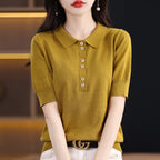 Women's T-shirt Summer 100% Cotton Sweater Short Sleeve Casual Knitwear POLO Collar Ladies' Tops Loose Pullover Tees Buttons - Matrix-studios.com