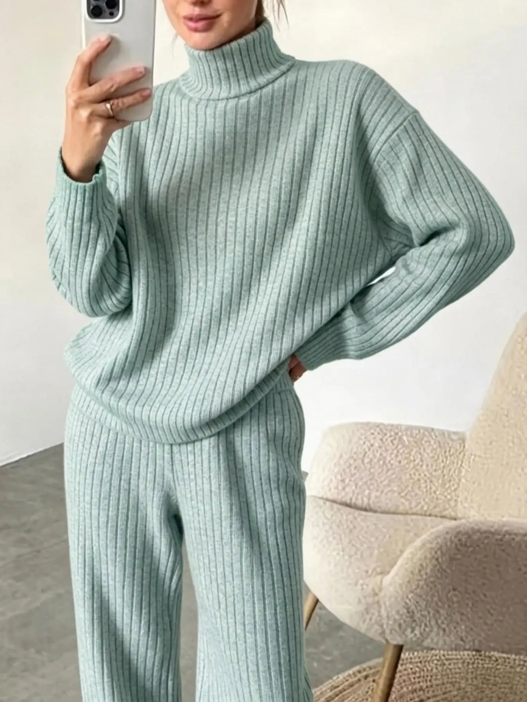 Women Turtleneck Knit 2 Piece Outfit Ribbed Long Sleeve Sweater Tops Wide Leg Pants Set Casual Loose Loungewear Tracksuit Daily Homewear