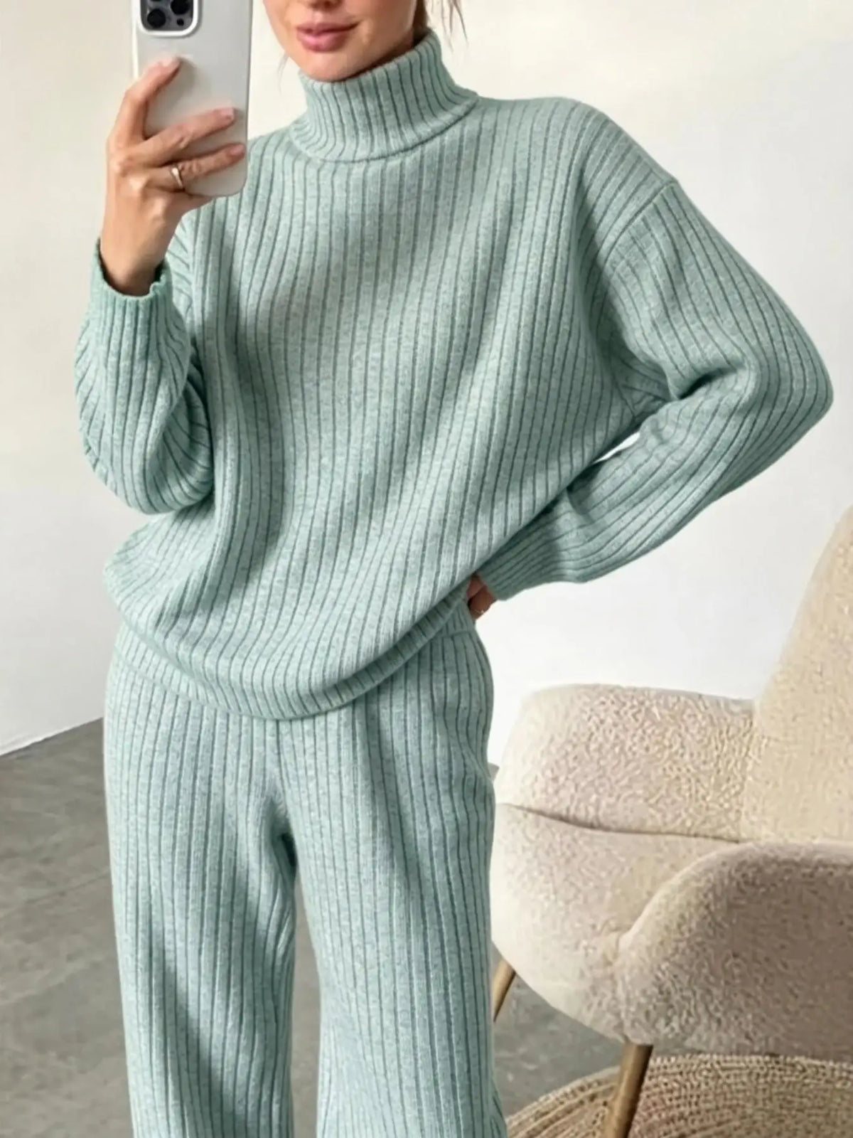 Women Turtleneck Knit 2 Piece Outfit Ribbed Long Sleeve Sweater Tops Wide Leg Pants Set Casual Loose Loungewear Tracksuit Daily Homewear