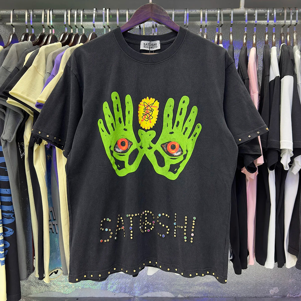 Free shipping New Satoshi Nakamoto fashion T-shirt hotfix rhinestone and Printed with Washed Oversized 100% cotton Men Women T-shirts Y2K Fashion streetwear - Matrix-studios.com