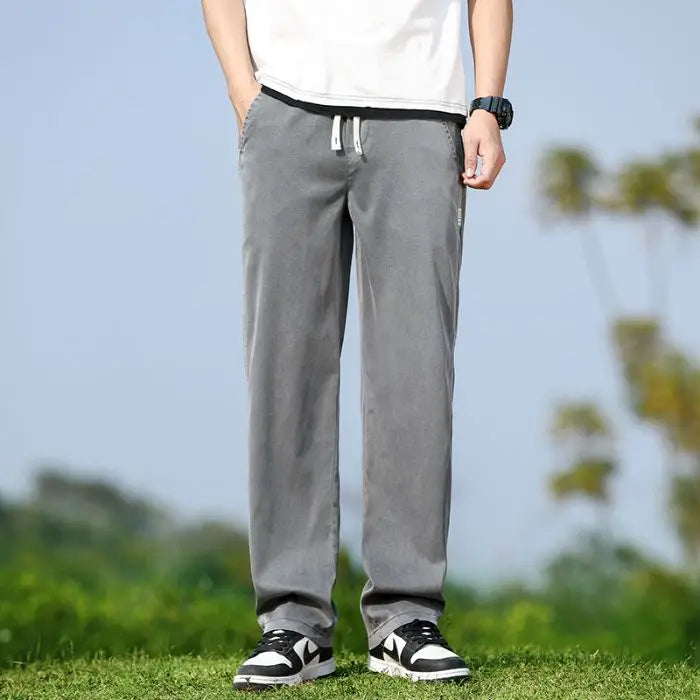Men's Summer Soft Lyocell Fabric Jeans Thin Loose Straight Denim Pants Drawstring Elastic Waist Casual Trousers Plus Size M-5XL - Matrix Studios