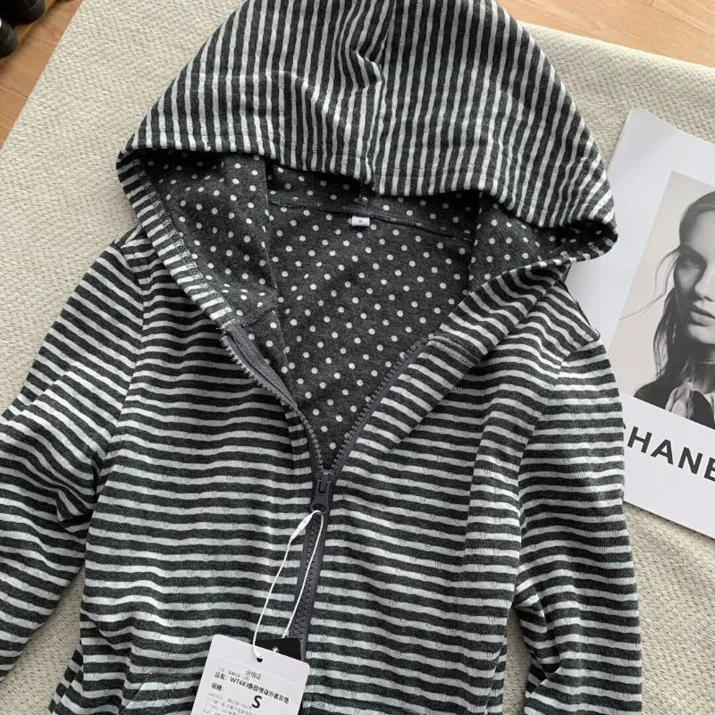 Korean Lazy Style Hooded Cardigan Fashion Vintage Gray White Striped Sweatshirts Spring Autumn Slim Fit Coat Women - Matrix Studios
