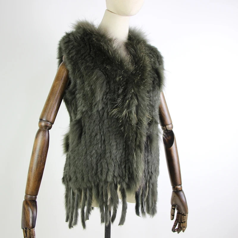 Harppihop womens natural real rabbit fur vest with raccoon fur collar waistcoat/jackets rex rabbit knitted winte - Matrix Studios