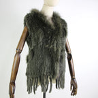 Harppihop womens natural real rabbit fur vest with raccoon fur collar waistcoat/jackets rex rabbit knitted winte - Matrix Studios