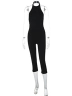 Hugcitar Ribbed Halter Backless Solid Button Sexy Bodycon Skinny Jumpsuit Summer Women Fashion Vacation Romper Streetwear Club - Matrix Studios