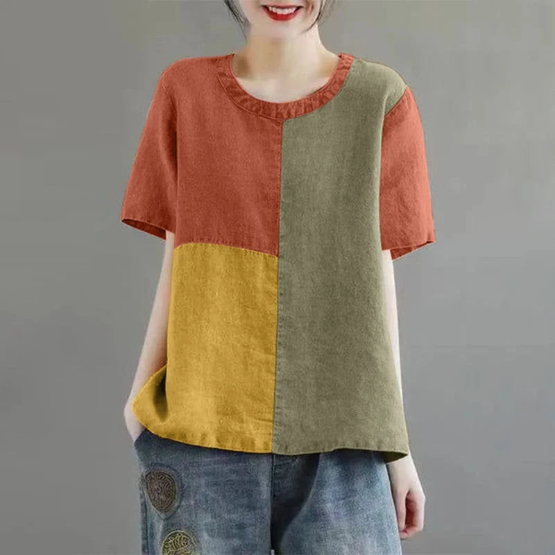 ZANZEA Women Patchwork Blouse 2024 Summer Short Sleeve Tunics Fashion Round Neck Shirts Casual Loose Holiday Cotton Linen Tops - Matrix-studios.com