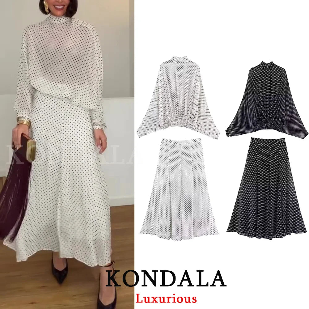 KONDALA Vintage Polka Dot Women Sets Chiffon Bow Tie Loose Blouses Loose Long Skirts Fashion 2026 Spring Summer Holiday Suits - Matrix-studios.com