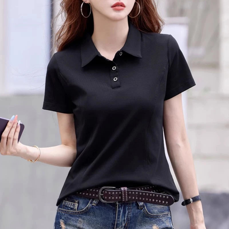 New Women Summer Casual T-shirt Fashion Button Turn-down Collar Short Sleeve Slim Polo T-shirt Simplicity Solid Color T-shirt - Matrix-studios.com