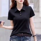 New Women Summer Casual T-shirt Fashion Button Turn-down Collar Short Sleeve Slim Polo T-shirt Simplicity Solid Color T-shirt - Matrix-studios.com