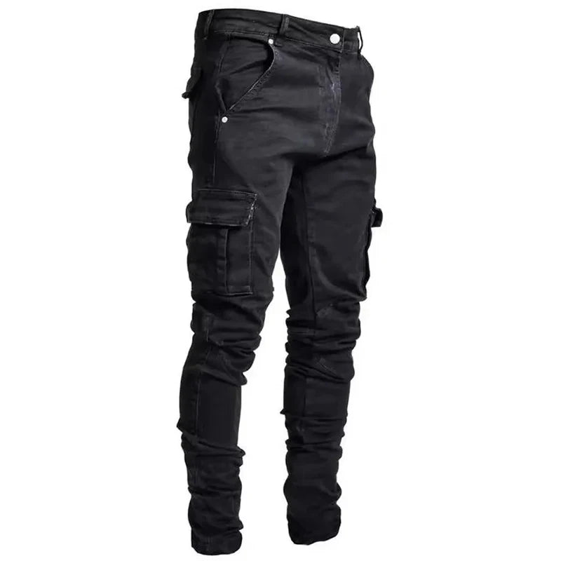 Men Street Elastic Denim Jeans Wash Solid Color Multi Pockets Cargo Pants Casual Slim Fit Daily Wear Joggers Mid Waist Trousers - Matrix Studios