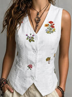 Spring Summer Autumn Linen Gilet with Unique Random Embroidery, Elegant Versatile Commuter Outer‑wear Vest - Matrix Studios