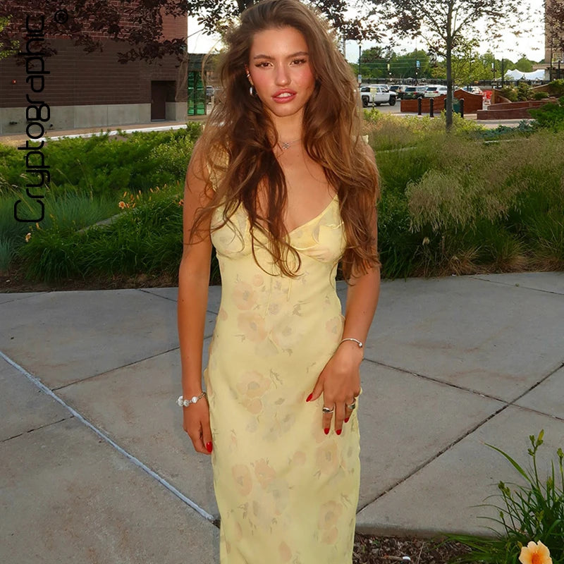 Cryptographic Summer Floral Print Plunge Maxi Dress Outfits Sexy Backless Fairy Sun Dresses Vacation Beachwear Vestido Coquette - Matrix-studios.com
