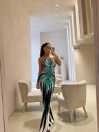 Y2K Geometric Gradient Stripe JumpsuitTie Halter Front Keyhole Backless Slim Fit Flared Floor Length Pants Night Out Clubwear - Matrix Studios