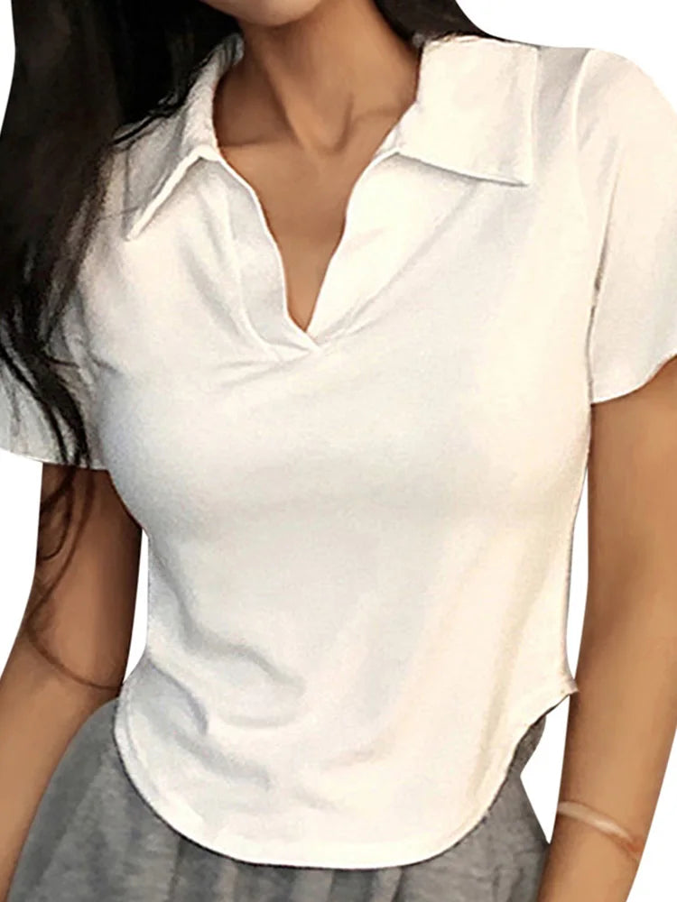 Summer Short Sleeve Lapel Top Women'S Solid V-Neck Pullovers Retro Sweet Shirts Hot Girl Crop Top Female Slim Versatile Tee - Matrix-studios.com