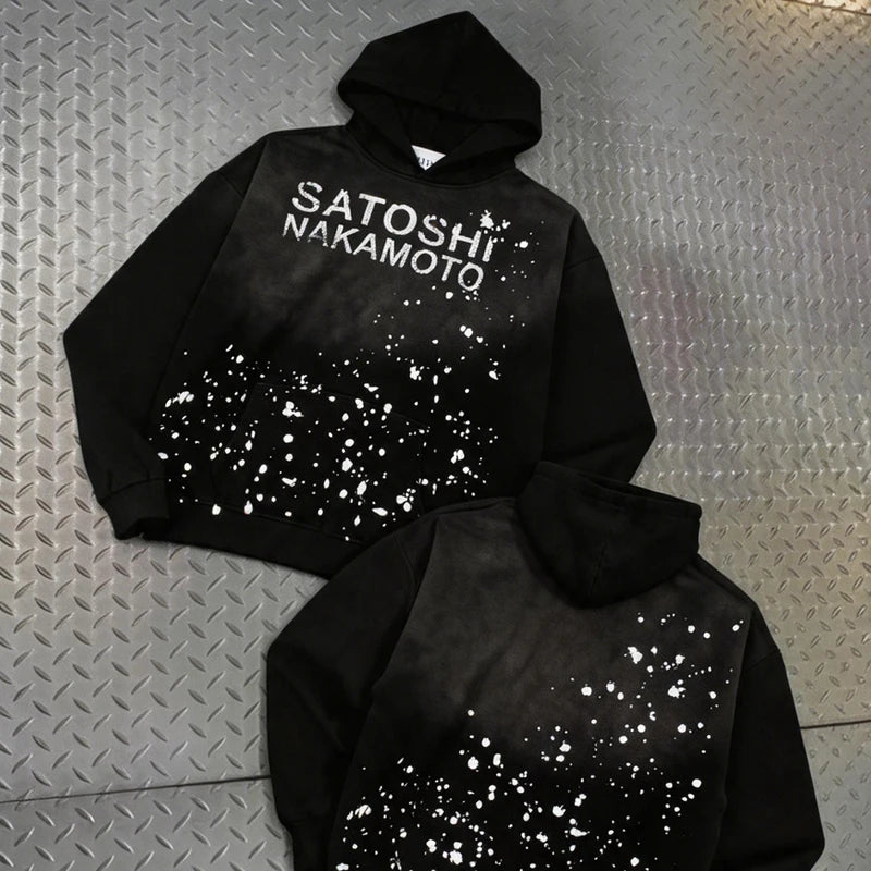 American High Street SATOSHI Hoodie Ink-sprayed Classic Retro Letter Print Washed Pullover Vintage Y2K Men Women Sweatshirts - Matrix-studios.com