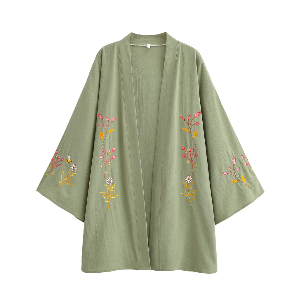 Vintage Chic Women Flowers and Bees Embroidery Bat Sleeve Beach Bohemian Kimono Dress Ladies V Neck Summer Boho Bikini Cover-ups - Matrix Studios
