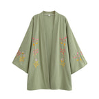 Vintage Chic Women Flowers and Bees Embroidery Bat Sleeve Beach Bohemian Kimono Dress Ladies V Neck Summer Boho Bikini Cover-ups - Matrix Studios