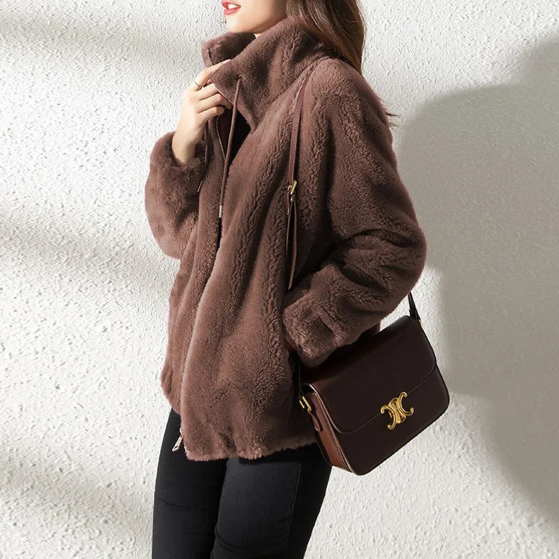 Women Autumn Winter Faux Fur Coats Zipper Cardigan Plush Thick Warm Coat Loose Oversized Outerwear Female Coral Fleece Overcoat - Matrix Studios