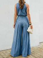 Pant Suit Halter Neck Tie Sleeveless Chest Pocket High Waist Pleated Wide Leg Trousers Matching Outfit For Women Vacation Daily Elegant Wear - Matrix-studios.com