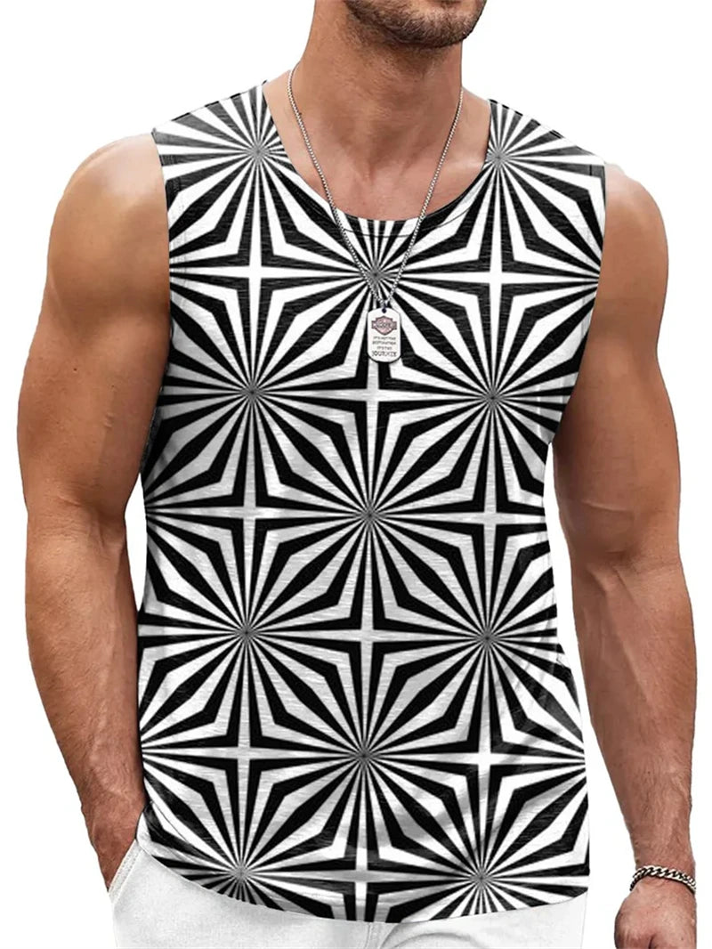 Mens Retro Geometric 3D Printed Tank Top Summer Casual Crew Neck Fashion Trend Sleeveless Vest Loose Breathable Sports Tops - Matrix Studios