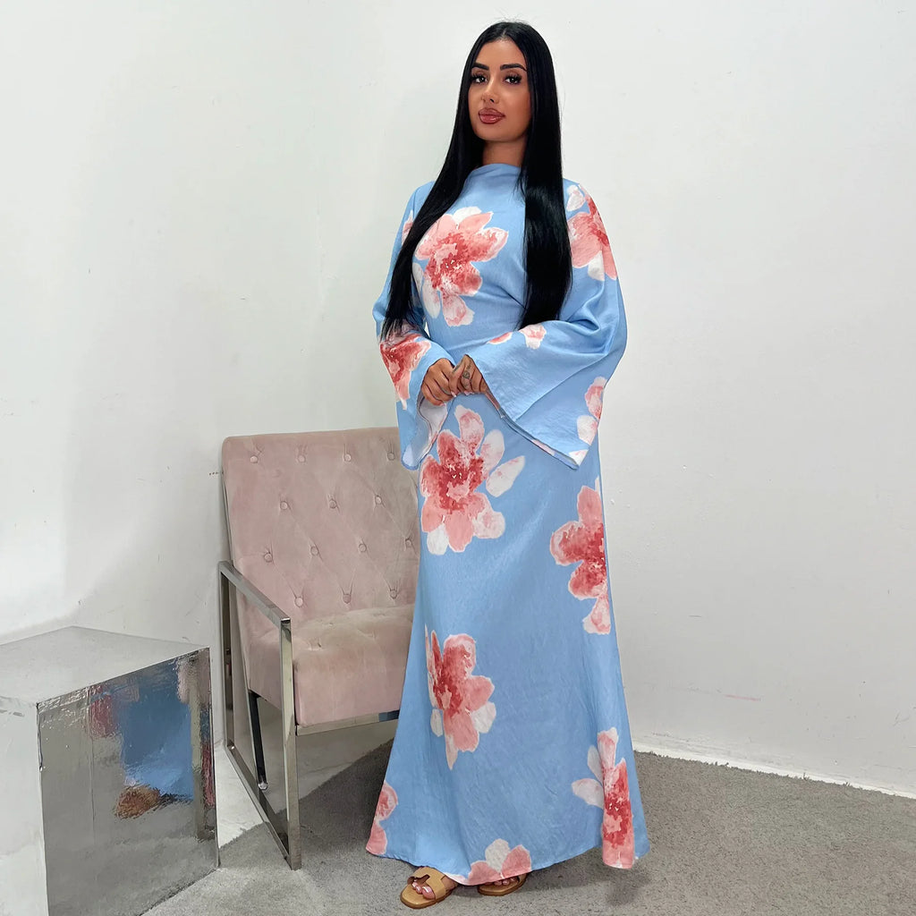 Arabesque Bell Sleeve Flowy Maxi Abaya Dress Elegant Floral Print Muslim Modest Long Dress Islamic Vacation Outfit Summer Robe - Matrix-studios.com