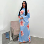 Arabesque Bell Sleeve Flowy Maxi Abaya Dress Elegant Floral Print Muslim Modest Long Dress Islamic Vacation Outfit Summer Robe - Matrix-studios.com