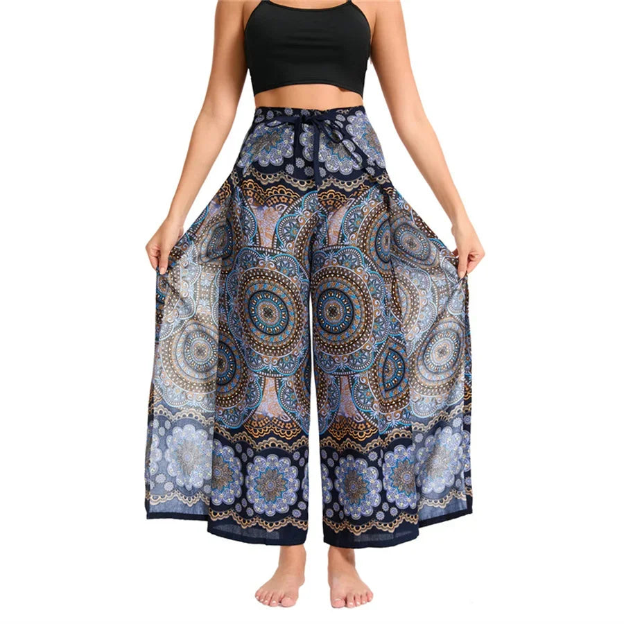 Women's Boho Palazzo Pants Wide Leg Yoga Wrap Tie Up Waistband Beach Cover Up Trousers Rayon Soft Breathable Loose Pants - Matrix Studios