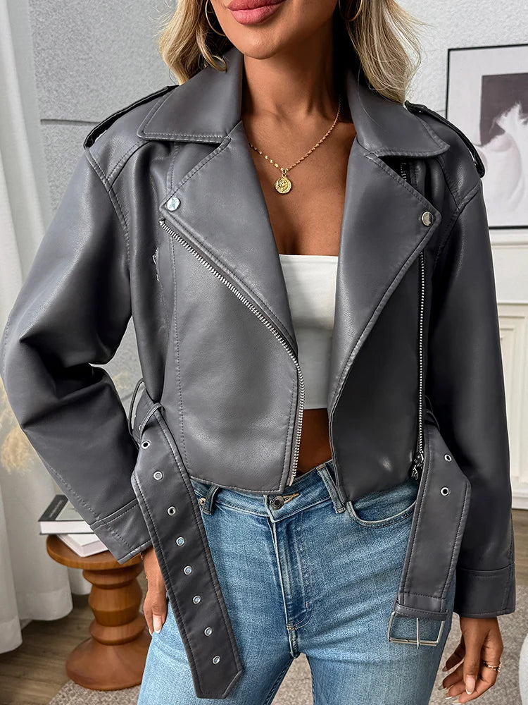 Ailegogo Spring Autumn Women Faux Pu Leather Short Jacket with Belt Motorcycle Biker Female Zipper Lapel Loose Coat Outwear - Matrix Studios