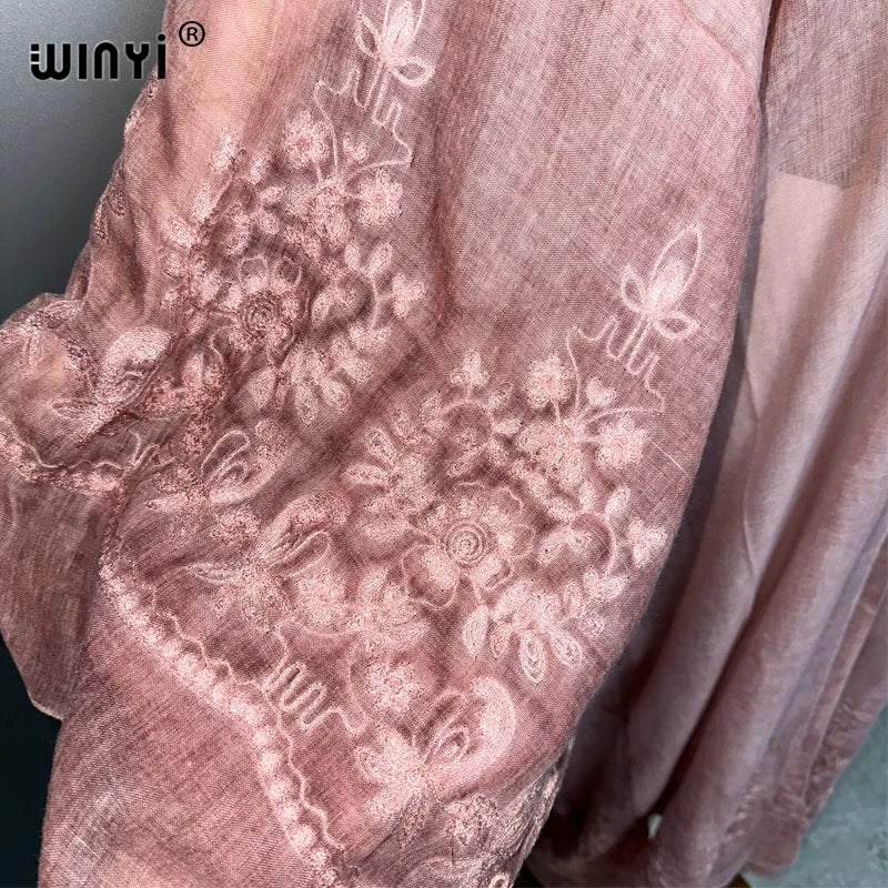 WINYI Kimono Hand-Dyed Embroidered Cardigan Beachwear Evening Dress Abaya Dubai Luxury Cover-Ups Beach Outfits Women Maxi Coat - Matrix Studios
