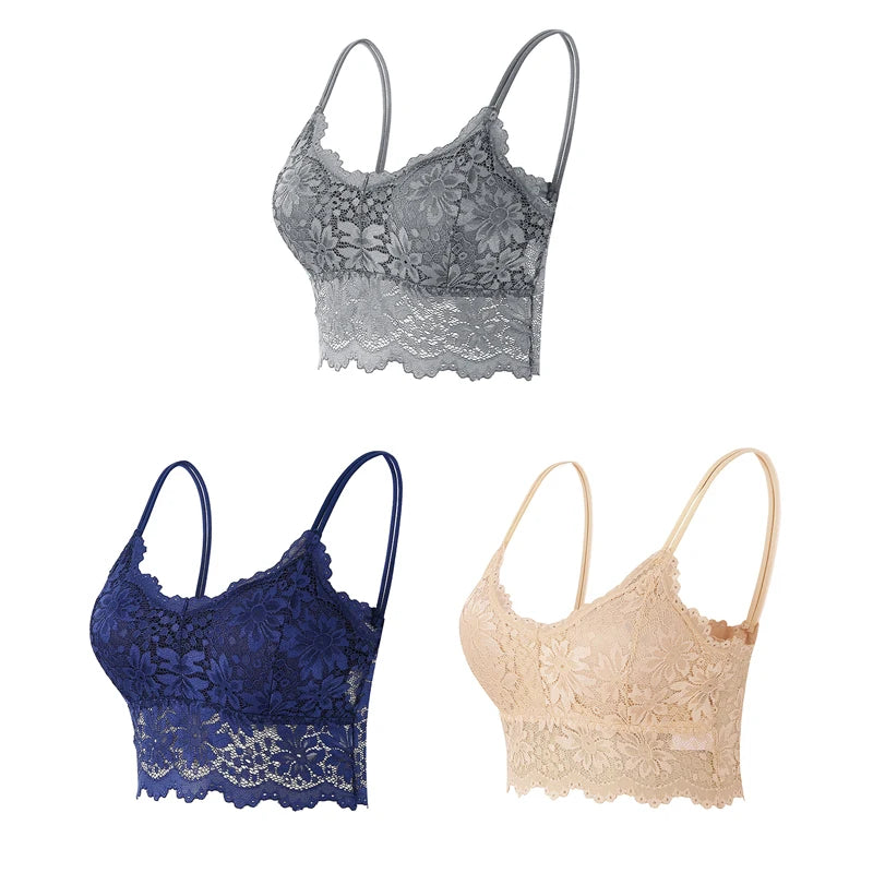 3PCS Women's Lace Bras Top Comfortable Bralette Solid Color Sexy Underwear Vest Female Hollow Out Wireless Lingerie Seamless Bra - Matrix Studios