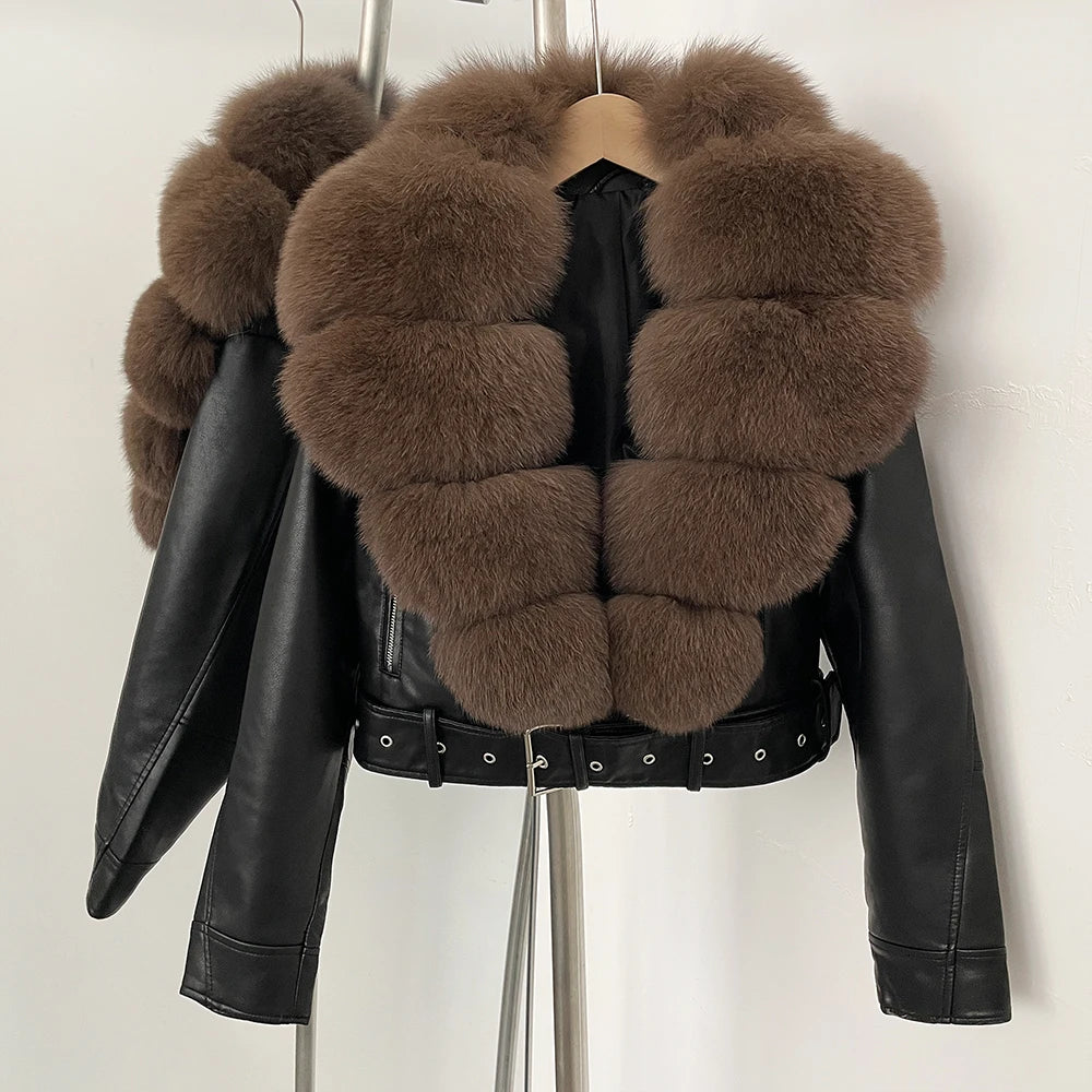 OFTBUY Natural Fox Fur Faux Leather Jacket Female New Autumn Short Top Clothing Women Long Sleeve Fake Leather Real Fur Coat - Matrix Studios