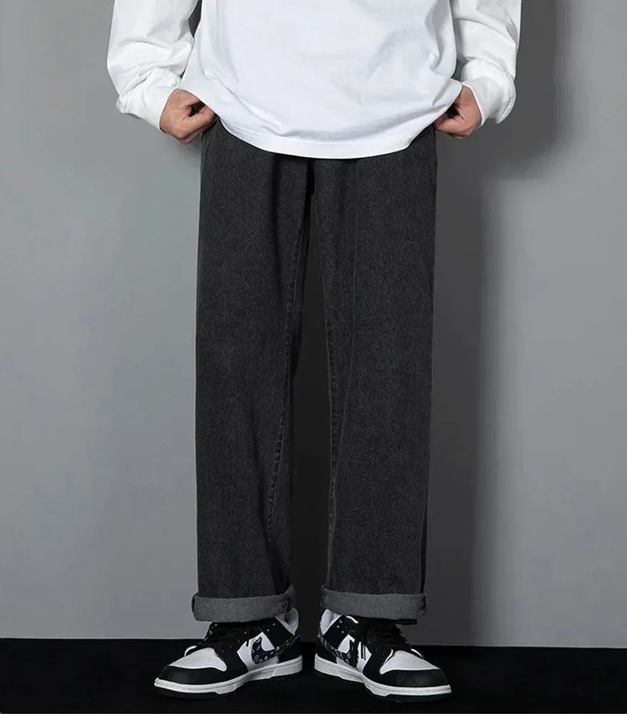 Korean Solid Colors Men's Casual Long Jeans Classic Man Four Seasons Straight Denim Wide-leg Pants Light Blue Grey Black 3XL - Matrix Studios