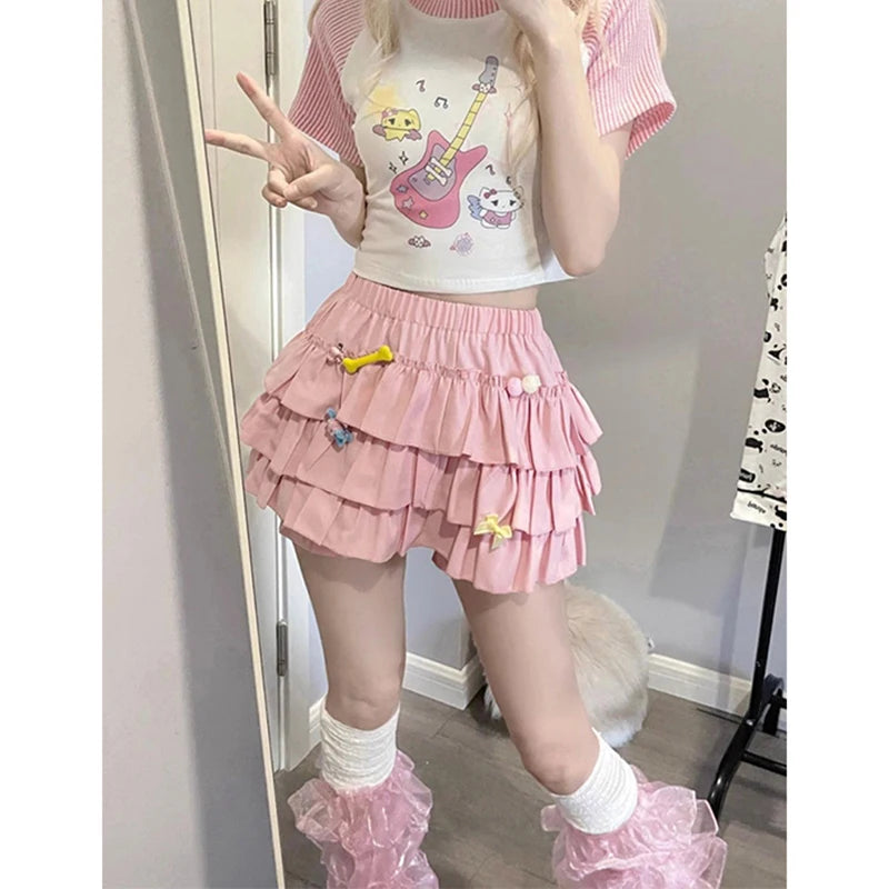 MEXZT Y2K Sweet Ruffles Mini Skirt Women Kawaii Lolita Bow A Line Skirts Harajuku Japanese High Waist Pink White Ball Gown Skirt - Matrix-studios.com