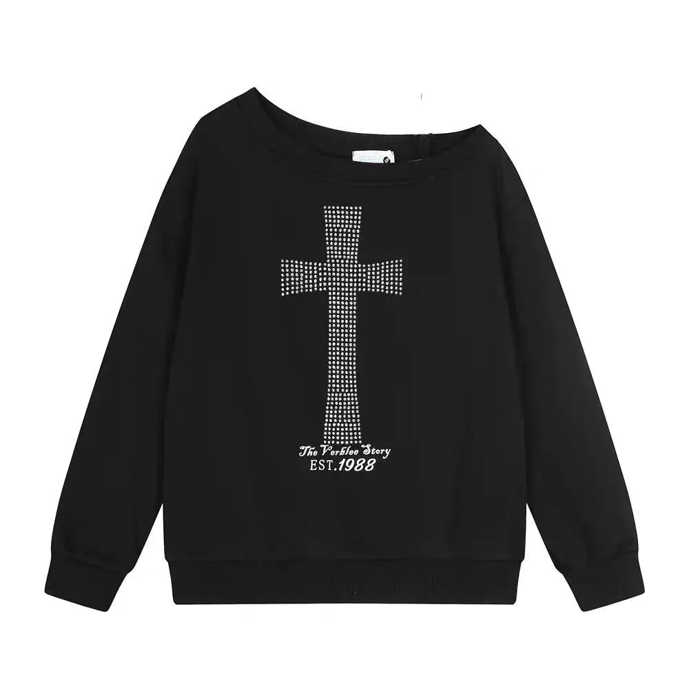 Seeslim Cross One-shoulder Graphic Hoodies Long Sleeve Black Women's Sweatshirts Harajuku Grunge 2000s Clothes Y2k Autumn Tops - Matrix-studios.com