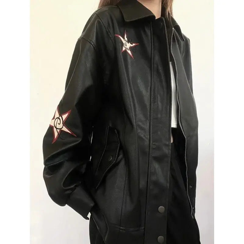 Autumn American Vintage Embroidered Leather Jacket Women Black PU Faux Fur Coat Letter Jaqueta Chaquetas Mujer - Matrix Studios
