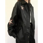 Autumn American Vintage Embroidered Leather Jacket Women Black PU Faux Fur Coat Letter Jaqueta Chaquetas Mujer - Matrix Studios
