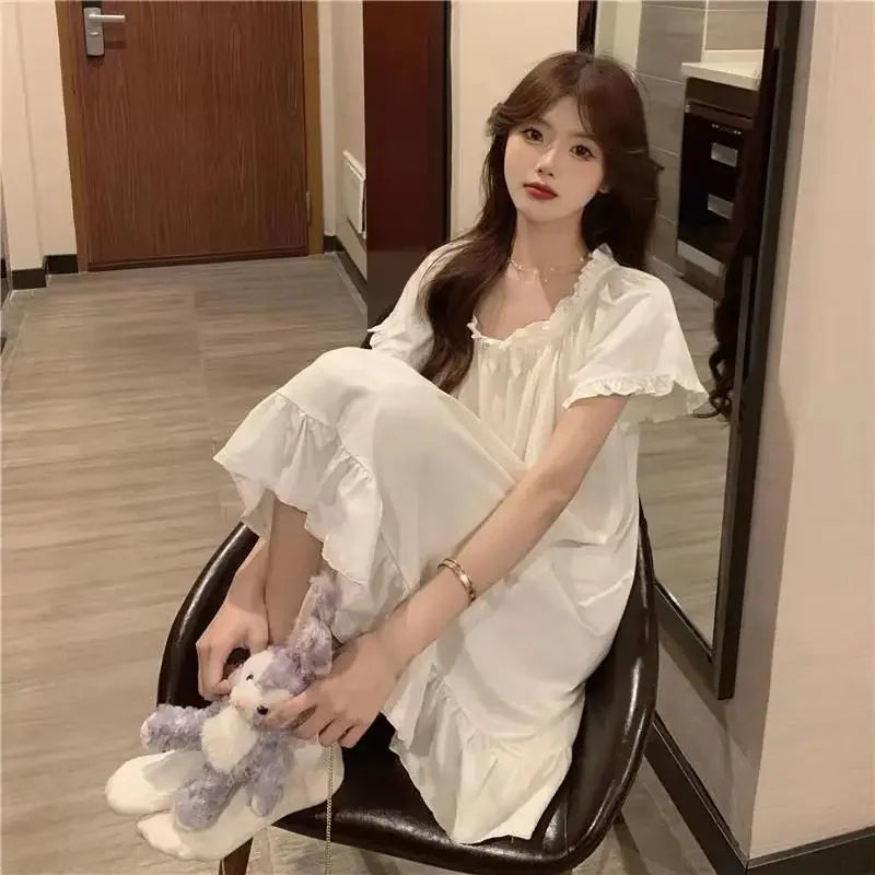 Women's White Mid Length Nightgown Summer Sexy Sleepwear Pajamas New Home Clothes Night Dress For Sleeping - Matrix-studios.com