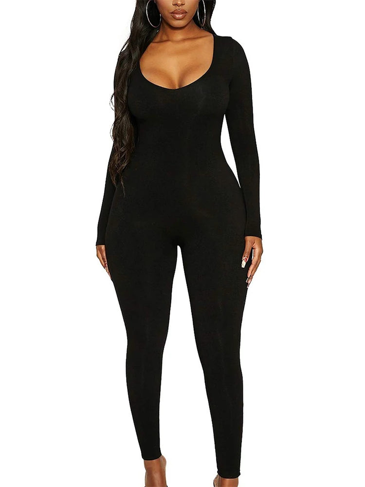Spring and Summer New Women's Jumpsuit Long Sleeve Solid Color Skinny Jumpsuit Fashion Sports Fitness Jumpsuit Pullover - Matrix Studios