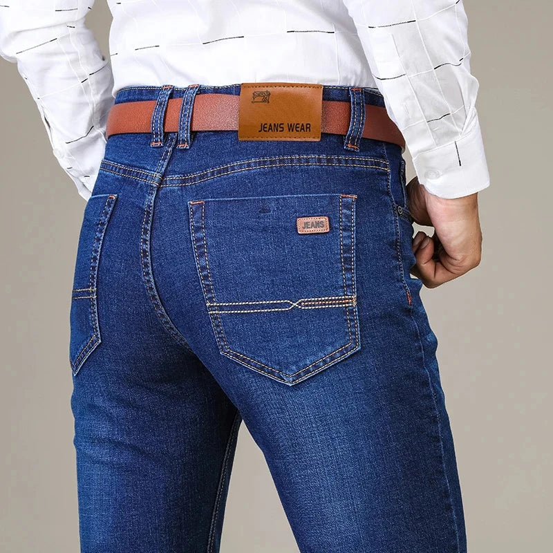 Autumn Classic Men's Fitted Stretch Jeans Business Casual Cotton Denim Straight Leg Pants Male Black Blue Trousers - Matrix Studios