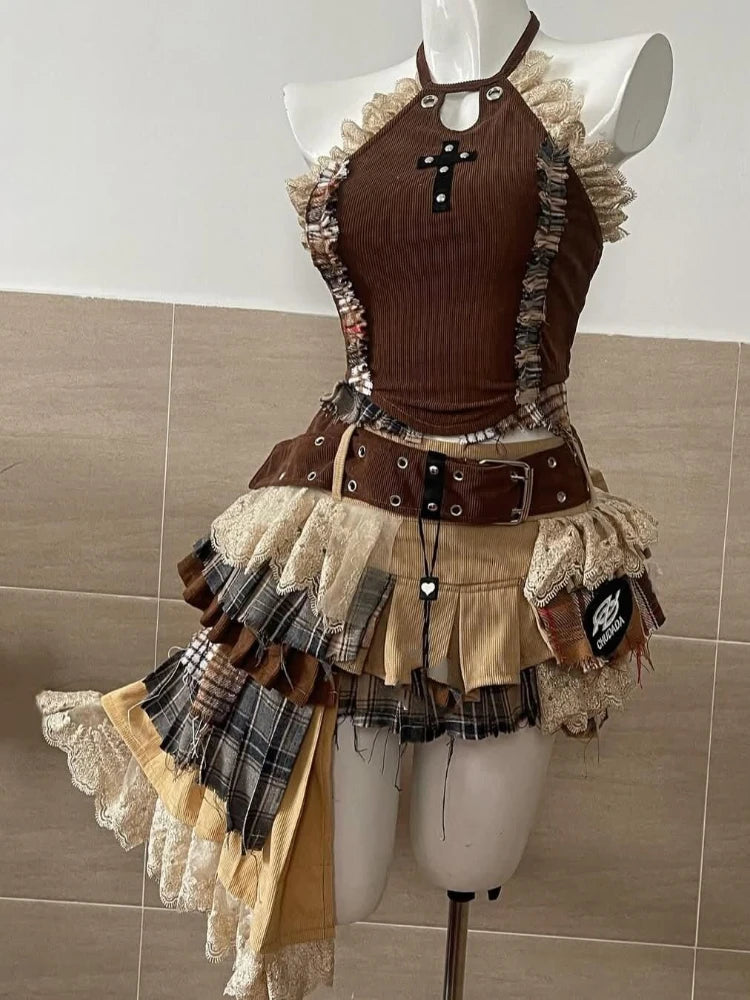 Summer Vintage Elegant Y2K Woman 2 Piece Sets Punk Gothic Strapless Crop Tops +High Waist Ruffle Skirt Female Party Outfits 2025 - Matrix-studios.com