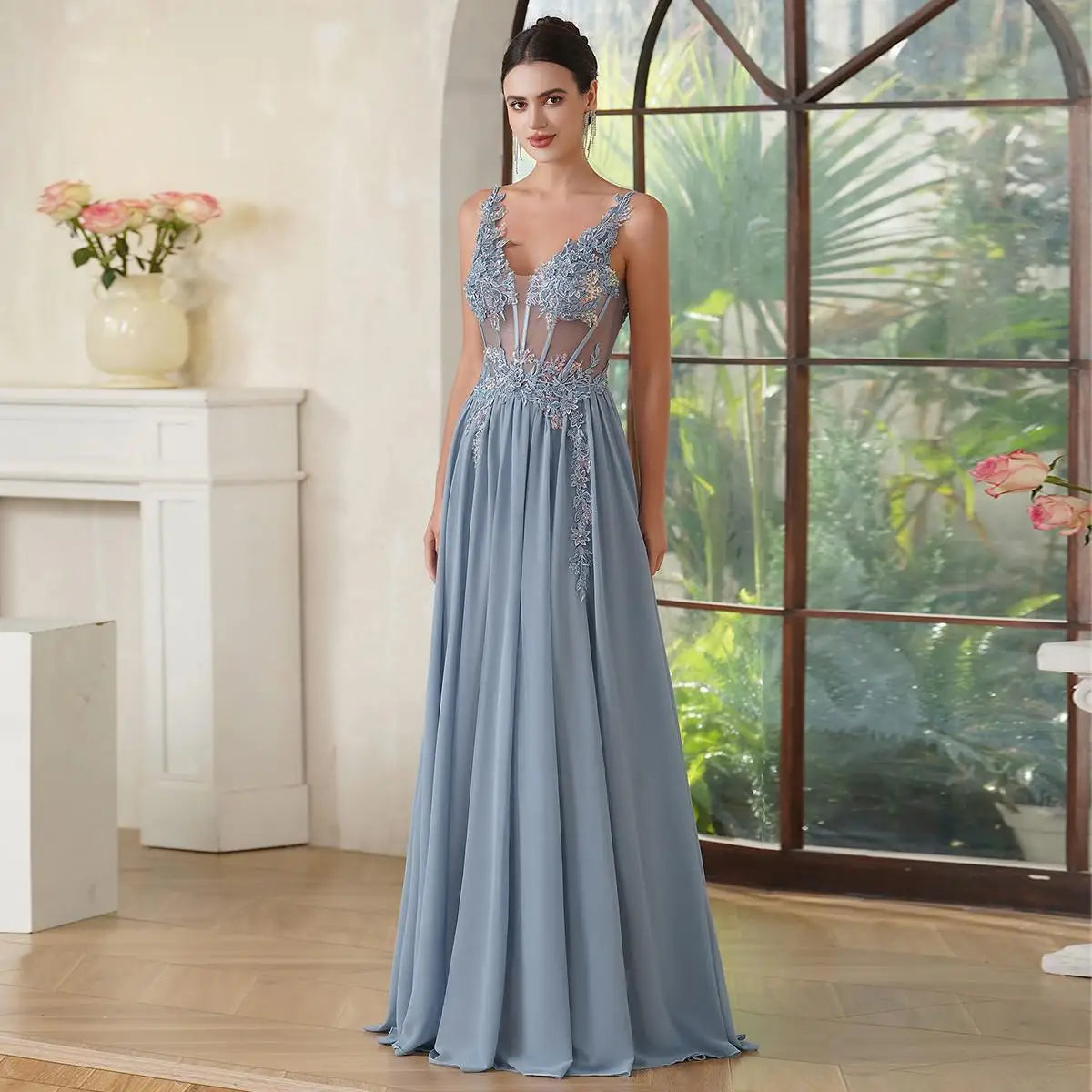 Spaghetti Straps Navy Blue A Line Evening Dresses 2025 Elegant Beaded Appliques Illusion Prom Gowns Formal Party Vestido De Gala - Matrix-studios.com