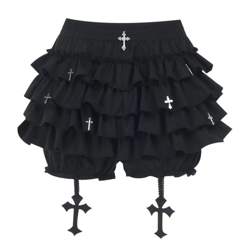 Women Skirts Tiered Ruffles Mini Skirt with Cross Charms Built-in Shorts Kawaii Sukapan Skort Gothic Punk Coquette Y2K E-girl - Matrix-studios.com