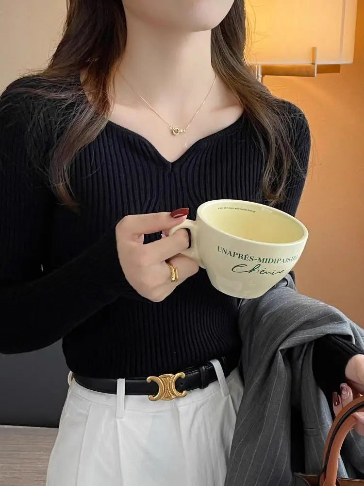 2026 Basic V-neck Chic  Autumn Winter Pullover Women Female Knitted Ribbed Sweater Slim Long Sleeve Badycon High Quality Sweater - Matrix Studios