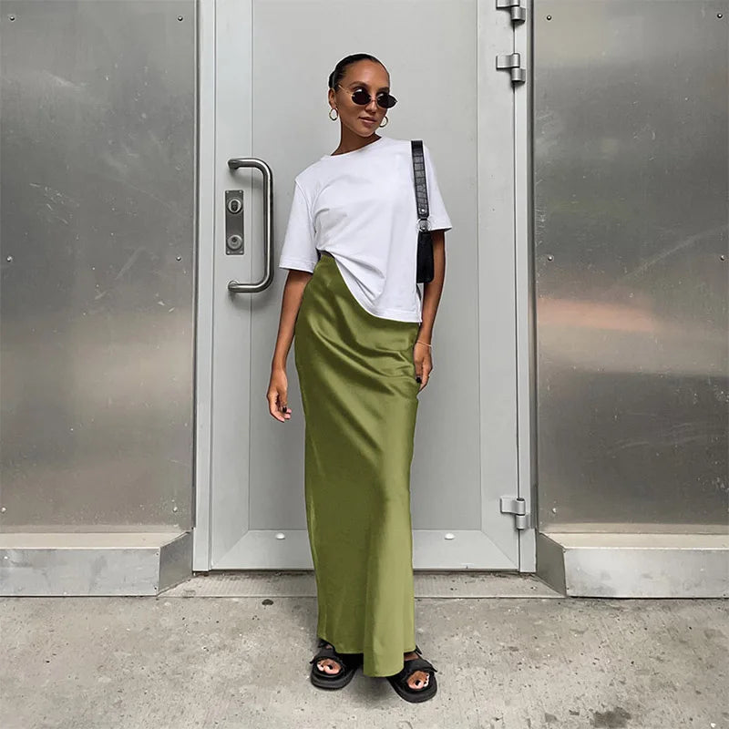 Elegant Satin Black Trumpet Skirts Fashion Slim High Waist Skirts Women Female Solid Office Long Skirt Spring Summer - Matrix-studios.com