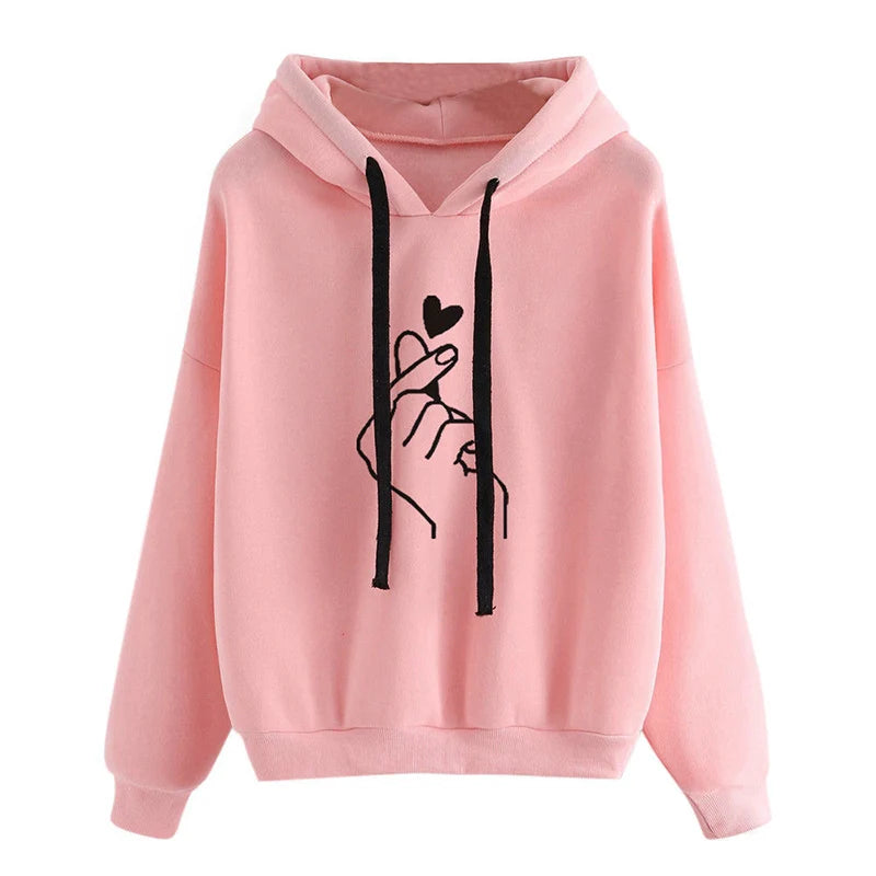 Autumn Fleece Hoodie Solid Color Finger Heart Hooded Korean Fashion Sweatshirts Long Sleeve Top Drawstring Pockets Loose Hoodies - Matrix-studios.com