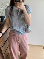 2026 Sweet Bow Embroidered Knitted Women Tops Summer New Korean Fashion Slim Polo Shirt Knitted Short Sleeve T-shirt - Matrix-studios.com