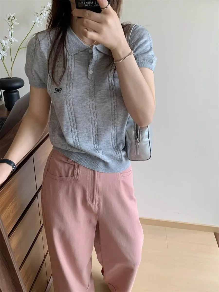 2026 Sweet Bow Embroidered Knitted Women Tops Summer New Korean Fashion Slim Polo Shirt Knitted Short Sleeve T-shirt - Matrix-studios.com