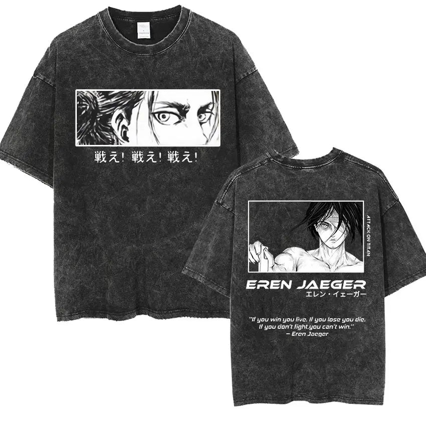 Anime Attack on Titan Vintage Washed Print T-shirt Mikasa Ackerman Eren Jaeger Wings of Freedom Logo Mens Summer Cotton T-shirts - Matrix Studios