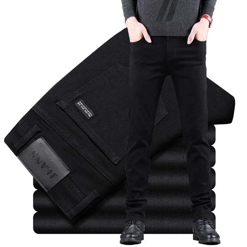 Spring Autumn New Men's Pure Black Slim Jeans Elastic Straight Pants Business Fashion Leisure Korean Vintage Denim Pants Male - Matrix Studios